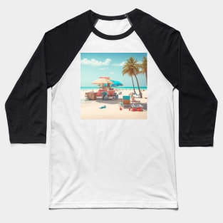 A vibrant beach scene with a bright blue sky, white sand, and a gentle breeze. Baseball T-Shirt